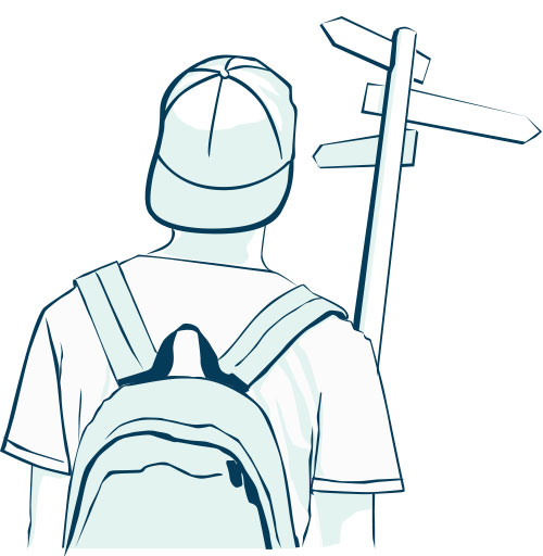 Illustration für Praxis Luebbert, Junge vor einem Wegweiser